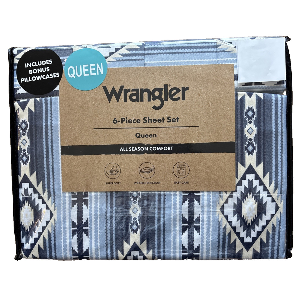 Wrangler Queen Sheet Set Ryder Aztec Blue Southwestern Geometric 6 pc Set Cowboy